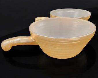 Vintage Pair Of Fire King Oven Ware Peach Luster Beehive Handled Soup Chili Bowl