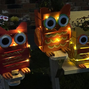 Może przedstawiać: Trzy drewniane donice w kształcie sów w kolorze czerwonym, pomarańczowym i żółtym, każda z dużymi, okrągłymi oczami i dekoracyjnymi detalami. Donice są podświetlone małymi, ciepłymi światłami, a niektóre zawierają kwiaty.