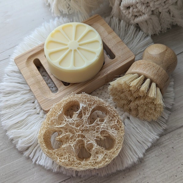 Solid Dish soap and bamboo soap dish and scrubby with loofah sponge set citrus essential oil scented and D-limonene eco-friendly dish soap