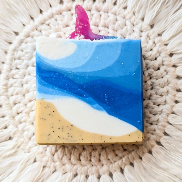 Mermaid Soap, mermaid tails, pearls and sparkles that dance in the ocean waves of this ocean inspired handmade vegan cold processed soap
