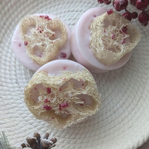Peppermint Milkshake scented organically grown loofah sponge exfoliating scrub soap, spa experience earth friendly zero waste vegan glycerin