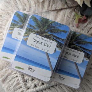 May include: Three clear plastic containers of wax melts with a tropical island theme. The containers have a blue and white image of a palm tree on a beach with the text "Actiture Handmade Soap Tropical Island Wax Melts 2.75 OZ".