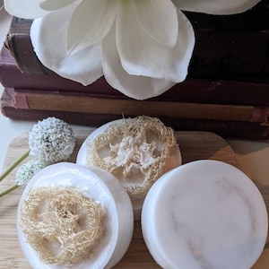 Unscented loofah sponge soap, organically grown loofah sponge infused in hand poured detergent free unscented glycerin coconut vegan soap