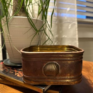 May include: A rectangular, antique-style metal container with a seashell design. The container has a bronze exterior and a gold interior. It is sitting on top of books and in front of a potted plant.