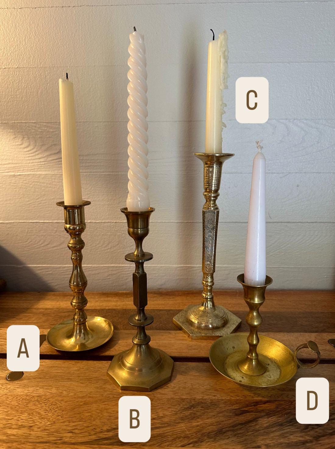 Assorted Vintage Brass Candlesticks (various sizes and styles listed A-D) SOLD SEPARATELY! Mixed Gradulated Gold Metal.