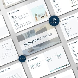 May include: A digital marketing strategy presentation template featuring 40 slides with a clean white layout, dark blue text, and minimalist graphics. The slides include sections for framing, buyer personas, market overview, and budget planning.