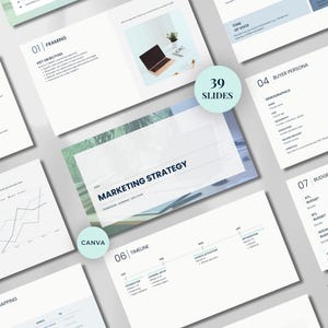 May include: A digital presentation template featuring 39 slides with a marketing strategy theme. The slides include sections for market situation, framing, buyer persona, budget overview, and timelines, utilising a clean layout with text.