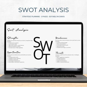 Puede incluir: Una pantalla de portátil que muestra una plantilla de análisis DAFO con el texto SWOT ANALYSIS, STRATEGIC PLANNING, 3 PAGES, EDITABLE IN CANVA en la parte superior. El documento incluye secciones para Strengths, Weaknesses, Opportunities y Threats.