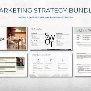 Puede incluir: Un conjunto de documentos de estrategia de marketing que incluye una diapositiva de título, análisis DAFO, perfil de buyer persona, resumen de plan de marketing y una hoja de briefing. Las páginas contienen encabezados y listas.