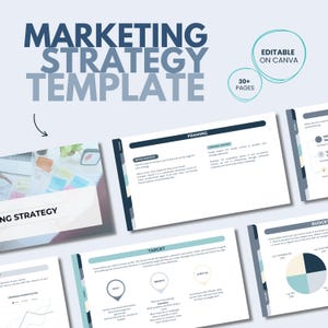 May include: A marketing strategy template with the title "MARKETING STRATEGY TEMPLATE" in large, blue letters. The template includes multiple pages with headings like "FRAMING" and "TARGET". The text "EDITABLE ON CANVA" is also visible.