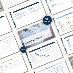 Peut inclure: Un modèle de présentation de stratégie marketing numérique comprenant plus de 30 diapositives avec une mise en page épurée. Les diapositives incluent des sections pour le cadrage, les personas, les calendriers, le contenu et le suivi, pour Canva.