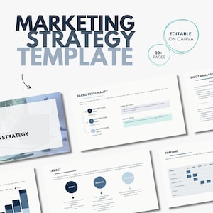Puede incluir: Una plantilla de estrategia de marketing titulada "MARKETING STRATEGY TEMPLATE" en azul oscuro y claro. La plantilla incluye páginas con títulos como "BRAND PERSONALITY", "TARGET" y "SWOT ANALYSIS". El texto "EDITABLE ON CANVA" también es visible.