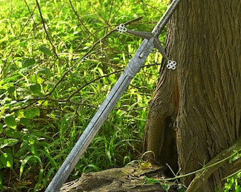 Espada Claymore escocesa de acero de Damasco hecha a mano: réplica afilada para cosplay con funda de cuero original.