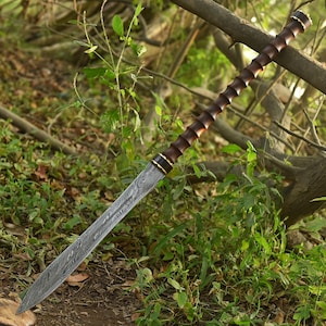 May include: A long, ornate sword with a patterned blade and a dark wooden handle. The handle has a ridged design with gold accents. The sword is set against a backdrop of green foliage and tree branches.