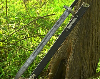 Espada Ragnar vikinga de acero de Damasco hecha a mano: réplica medieval con vaina.
