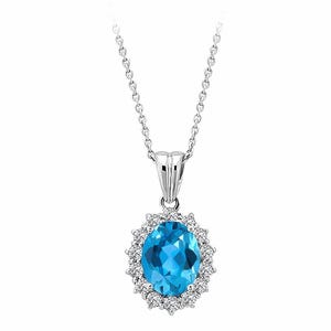 Collier pendentif ovale topaze bleue naturelle avec halo de diamants de laboratoire en or blanc 14 carats
