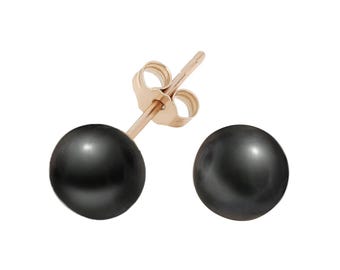 Black Pearl Stud Earrings in 14K Rose Gold – 6.30 mm Round Freshwater Pearls