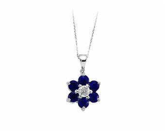 Sapphire Flower Pendant with Diamond in 8K White Gold – Dainty Blue Gemstone Necklace