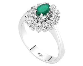 Oval Smaragd Diamant Halo Ring - 14K Weißgold Verlobungsring