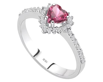 Heart Pink Tourmaline Ring: Lab-Grown Diamond Halo, 14K White Gold