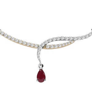 May include: A delicate necklace featuring a curved design with sparkling white gemstones set in a gold and silver setting. A teardrop-shaped, deep red gemstone hangs from the center, adding a pop of color.