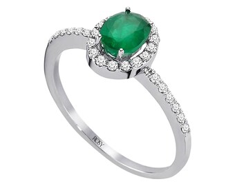 Halo-Ring mit Smaragd und Diamant in 14K Weißgold - 0,76 Karat ovaler Edelstein