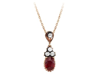 Colar com pingente de rubi e diamante antigo: ouro rosa 8K, estilo vintage