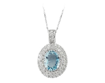 Aquamarin & Diamant Anhänger: Ovaler Edelstein 14K Weißgold