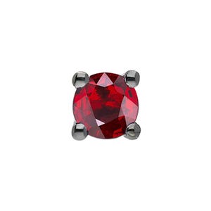 May include: A single, round, red gemstone stud earring. The gemstone is a deep, vibrant red color, set in a four-prong setting with dark gray metal. The earring is centered on a white background.