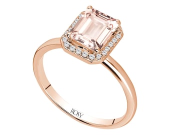 Emerald Cut Morganite Engagement Ring - 14K Rose Gold Diamond Halo