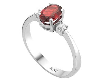 Oval Garnet and Diamond Ring - 8K White Gold Engagement Ring