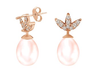 14K Rose Gold Pink Pearl Drop Earrings with Diamonds