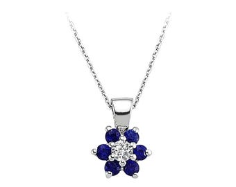 Sapphire Flower Pendant with Diamond Center in 8K White Gold – Blue Gemstone Necklace