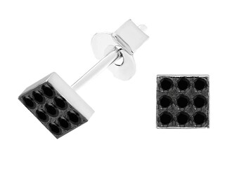 Black Diamond Square Stud Earrings – 0.60ct, 18 Stones, 14K White Gold Modern Design