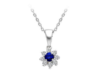 Sapphire & Diamond Cluster Pendant Necklace in 14K Gold – Elegant Blue Gemstone Jewelry Gift