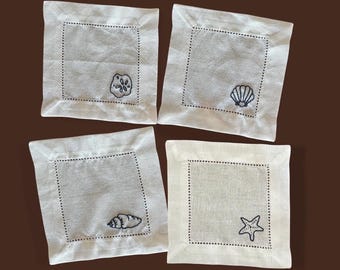 Embroidered Linen Coastal Napkins - Seashell, Starfish - Set of 4
