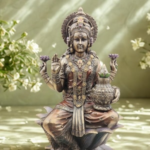 Goddess Lakshmi Idol on Lotus | Antique Finish Laxmi Murti with Kalash | Hindu Wealth Goddess Statue for Home Temple & Gift