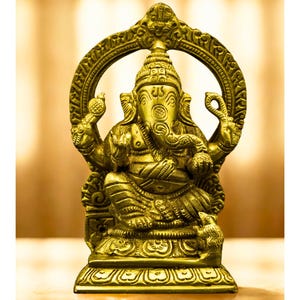 Brass Ganesha Idol with Arch | Decorative Lord Ganesh Statue with Stone Work | Hindu Elephant God for Home Temple & Gifts