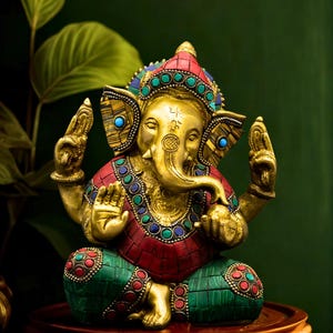 Colorful Brass Ganesha Idol in Blessing Pose | Sitting Lord Ganesh Statue with Stone Work | Hindu God Figurine for Home Decor & Gift