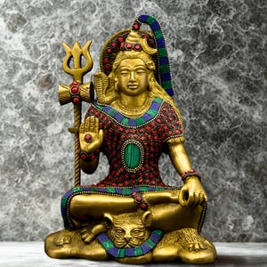 Brass Lord Shiva Idol – Seated Shiva Statue with Trishul  Stone Work – Hindu God of Meditation & Power – Home Temple Decor – Spiritual Gift