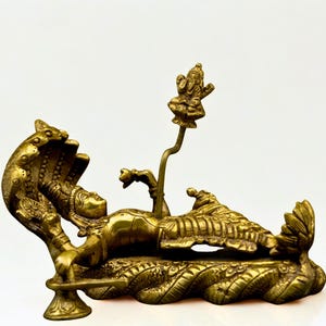 Brass Lord Vishnu Sleeping on Sheshnag with Brahma on Lotus | Anantasayana Hindu God Statue | Indian Religious Home Decor Gift.