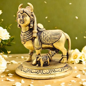 Kamadhenu Brass Idol – Sacred Cow with Divine Face – Vastu Decor – Hindu Goddess Statue – Traditional Indian Art – Home Temple Decor