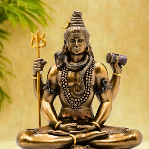 Lord Shiva Statue in Meditation – Brass Finish Shiv Murti with Trishul | Mahadev Idol for Home Temple & Decor