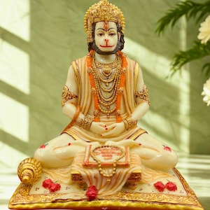 Lord Hanuman Ji Idol in Meditative Pose | Marble Finish Hanuman Murti with Ramayan Book | Hindu God Figurine for Home, Temple & Gift.