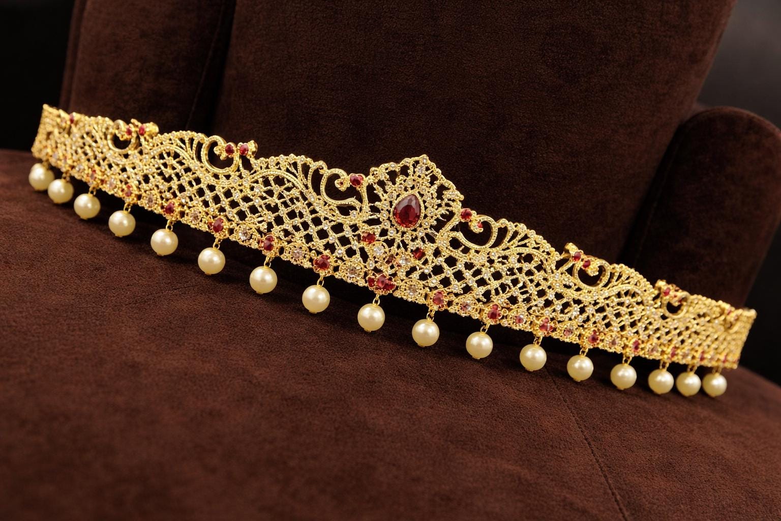 9298 Gold Plated White Small Beads Braided Waist Belt Kamar Bandh Jewellery Waist Beads : White & Gold – Tsonga Brides main image 3