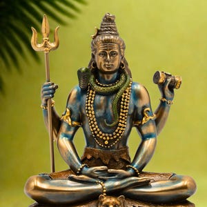 Blue Shiva Statue in Meditation – Four-Armed Mahadev with Trishul & Damru | Brass Finish Shiv Murti for Home Temple