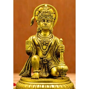 Brass Hanuman Statue in Blessing Pose | Kneeling Lord Hanuman Idol | Hindu Monkey God Figurine for Home Temple & Pooja Room Decor