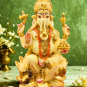 Lord Ganesha Idol on Lotus | Marble Finish Ganpati Statue for Home Temple | Hindu Elephant God Figurine | Ganesh Ji Murti for Gift & Decor.