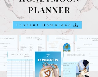 May include: A digital honeymoon planner with a cover featuring a woman on a beach with a tray of heart-shaped pastries. The planner includes sections for packing, destination details, and payment tracking. The words "Honeymoon Planner" are prominently displayed.
