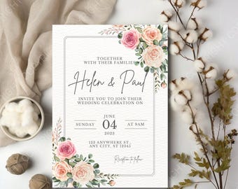 Editable Floral Wedding Invitation Template | Boho Watercolor Wedding Invite with RSVP & Details Card | Customizable Canva Printable PDF